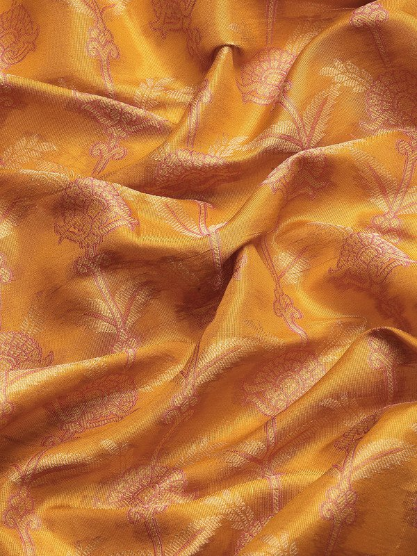 Mustard Brocade Zari Woven Floral Saree with Unstitched Blouse - Hiral Fashion - Distacart