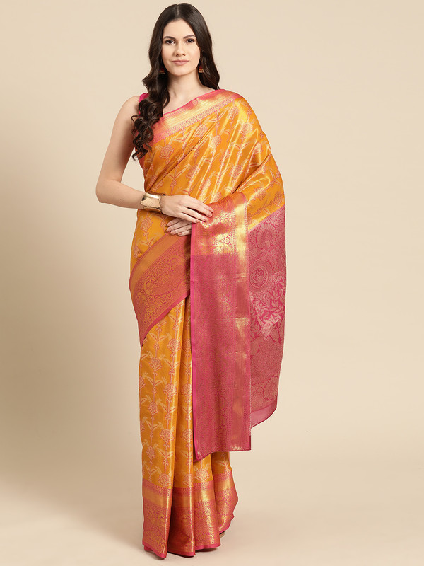 Mustard Brocade Zari Woven Floral Saree with Unstitched Blouse - Hiral Fashion - Distacart