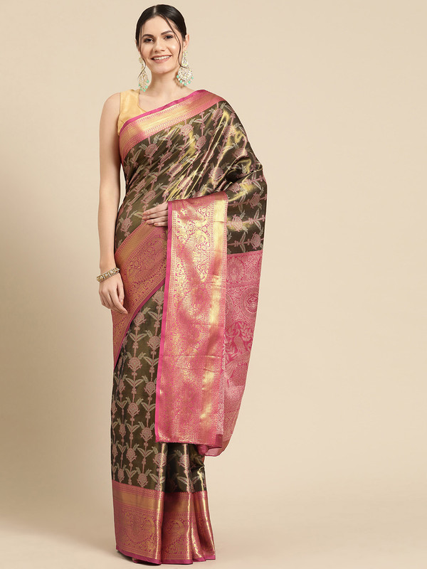 Black Brocade Zari Woven Floral Saree with Unstitched Blouse - Hiral Fashion - Distacart