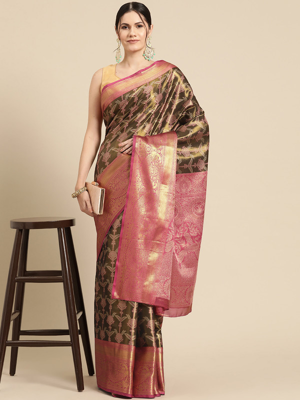 Black Brocade Zari Woven Floral Saree with Unstitched Blouse - Hiral Fashion - Distacart