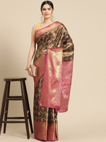 Thumbnail for Black Brocade Zari Woven Floral Saree with Unstitched Blouse - Hiral Fashion - Distacart