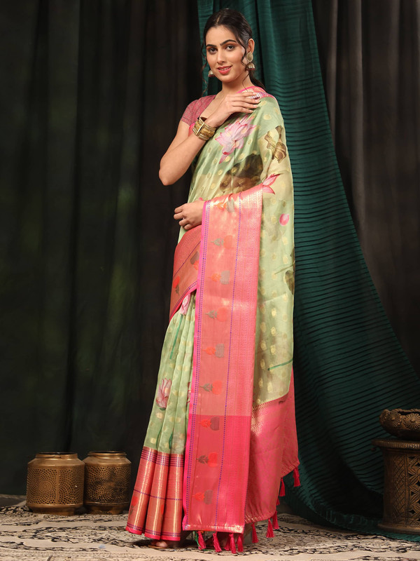 Green Art Silk Digital Print Floral Saree with Unstitched Blouse - Hiral Fashion - Distacart