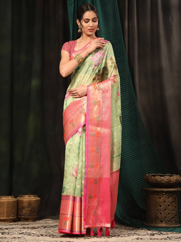 Green Art Silk Digital Print Floral Saree with Unstitched Blouse - Hiral Fashion - Distacart