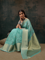 Thumbnail for Turquoise Kota Doria Embroidered Floral Saree with Unstitched Blouse - Hiral Fashion - Distacart