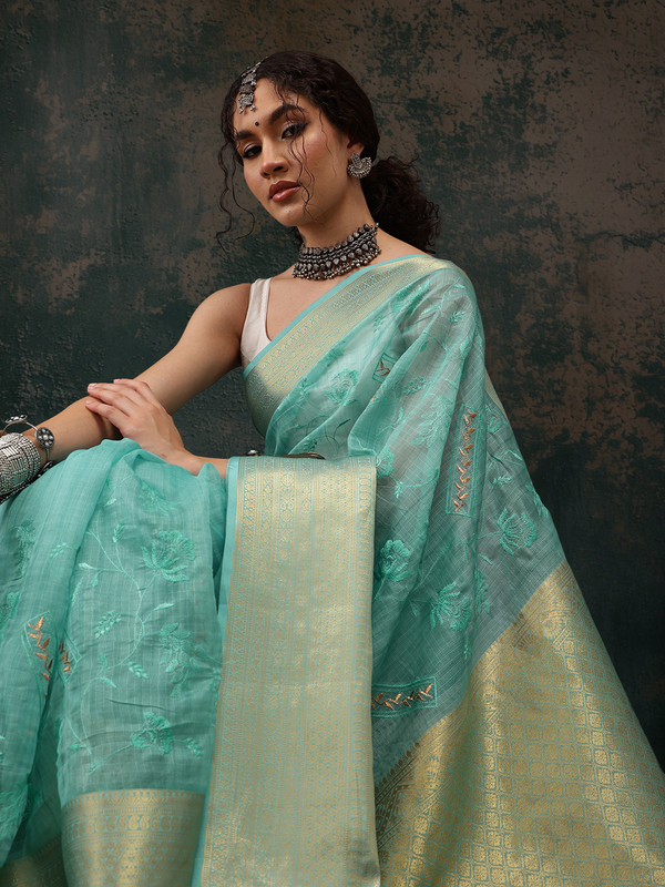 Turquoise Kota Doria Embroidered Floral Saree with Unstitched Blouse - Hiral Fashion - Distacart