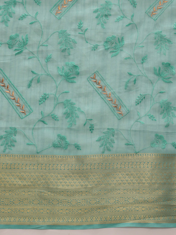 Turquoise Kota Doria Embroidered Floral Saree with Unstitched Blouse - Hiral Fashion - Distacart