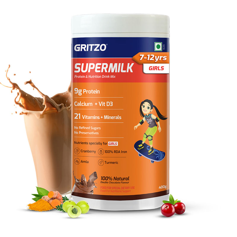 Gritzo SuperMilk Overall Growth (7-12y Girls), Zero Refined Sugar, 21 Vitamins & Minerals - Distacart