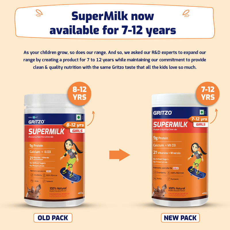 Gritzo SuperMilk Overall Growth (7-12y Girls), Zero Refined Sugar, 21 Vitamins & Minerals - Distacart