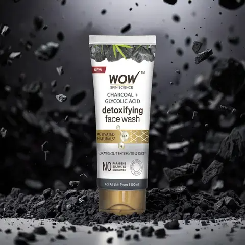 Wow Skin Science Charcoal + Glycolic Acid Detoxifying Face Wash for Oil Control + Gentle Exfoliation with Tea Tree & Aloe - Distacart