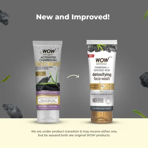 Wow Skin Science Charcoal + Glycolic Acid Detoxifying Face Wash for Oil Control + Gentle Exfoliation with Tea Tree & Aloe