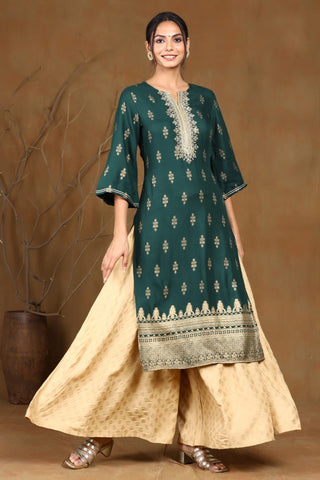 Juniper Jadegreen Rayon Moss Gold Foil Print Straight Kurta with Yoke Detailing