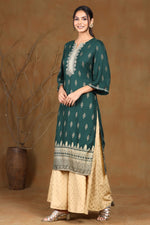 Thumbnail for Juniper Jadegreen Rayon Moss Gold Foil Print Straight Kurta with Yoke Detailing