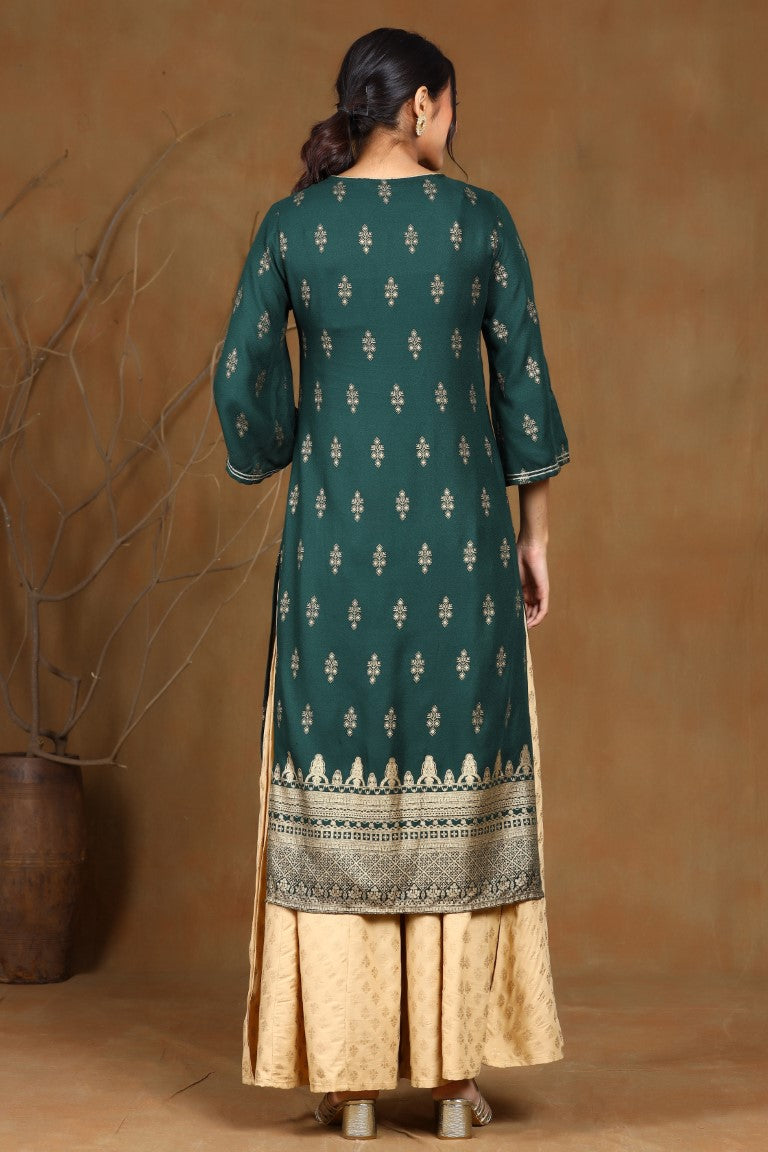 Juniper Jadegreen Rayon Moss Gold Foil Print Straight Kurta with Yoke Detailing - Distacart