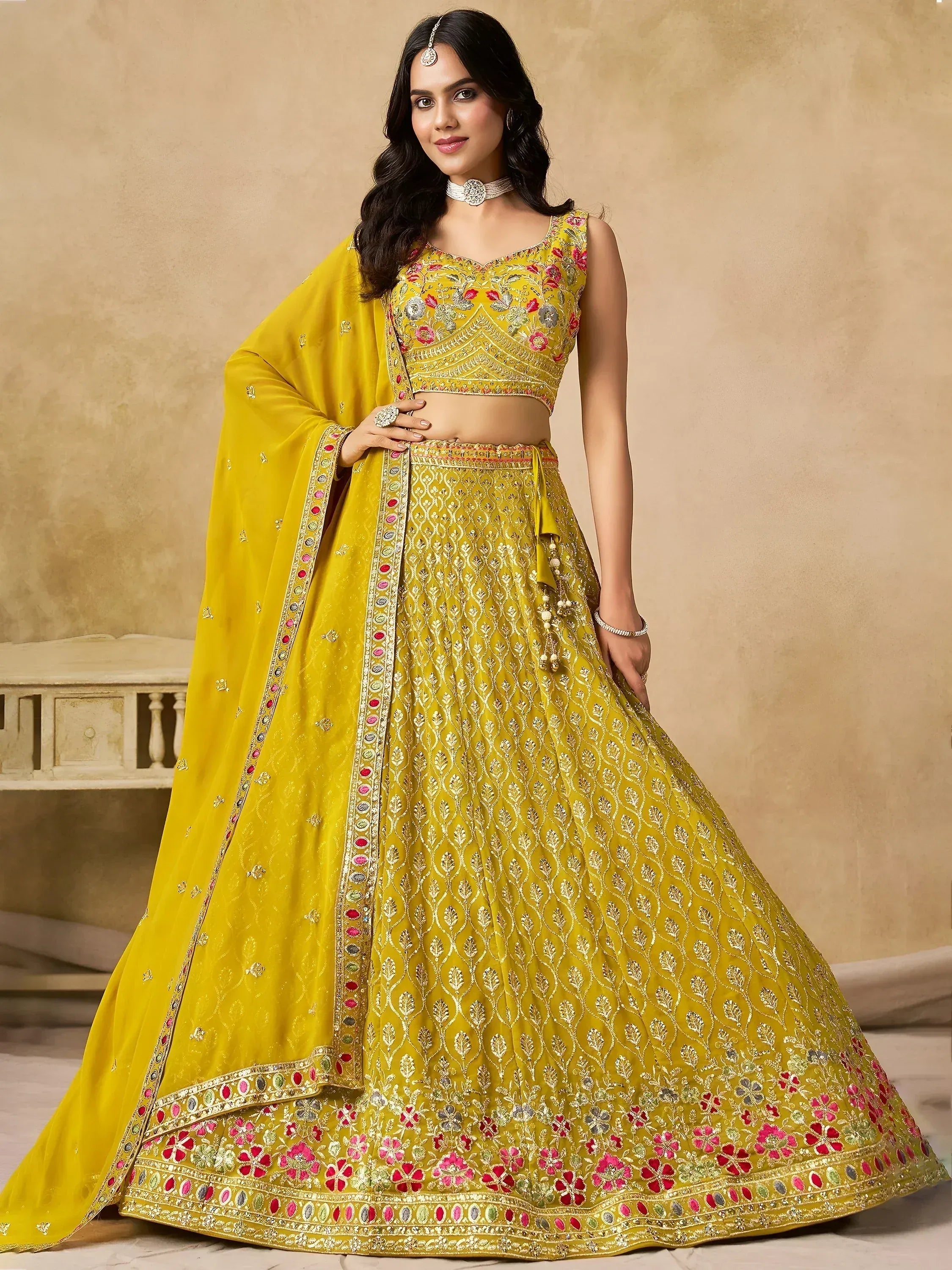 Tulsi Art Classic Yellow Zari Embroidered Georgette Haldi Wear Lehenga Choli - Dista