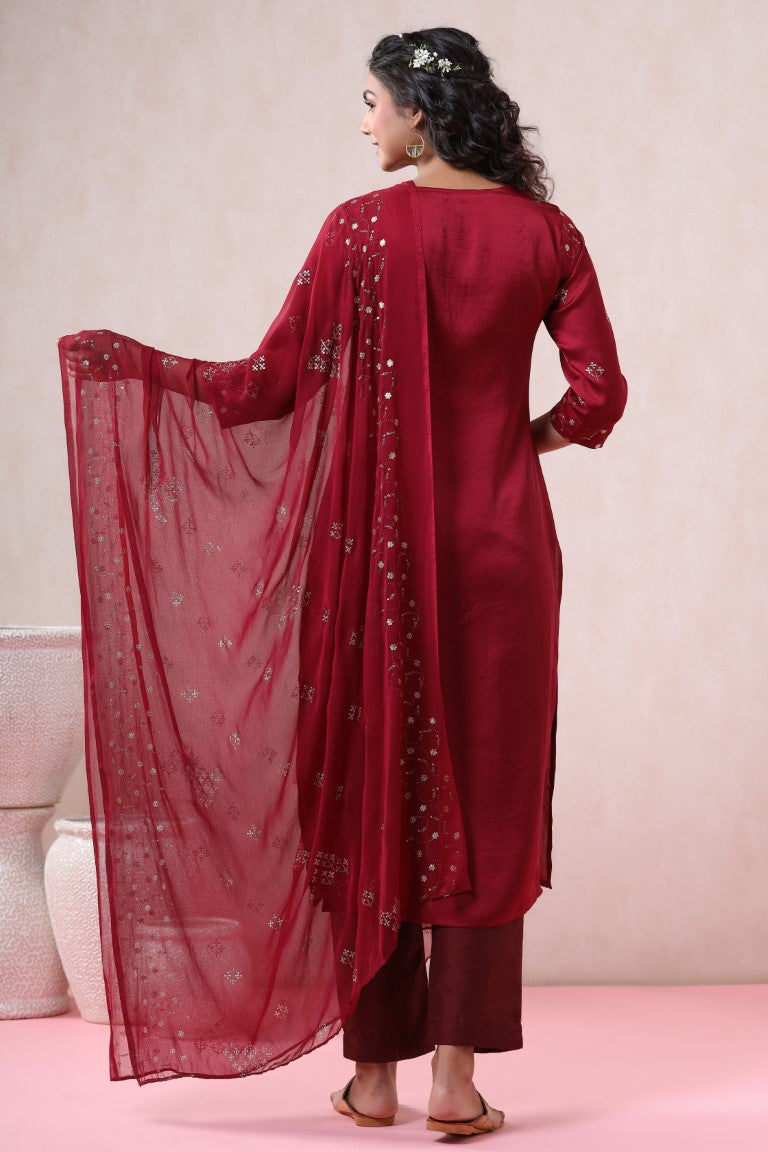 Juniper Women's Maroon Pure Silk Embellished Kurta Set - Distacart