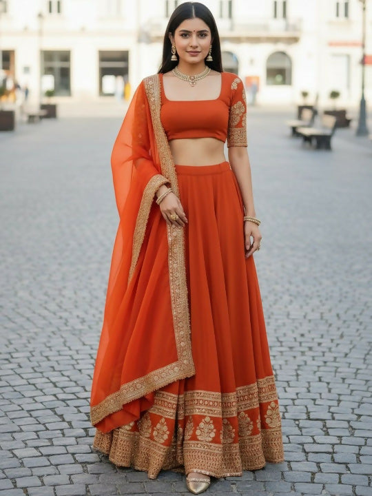 Jihu Culture Women's Orange Zari Embroidery Work Lehenga Choli