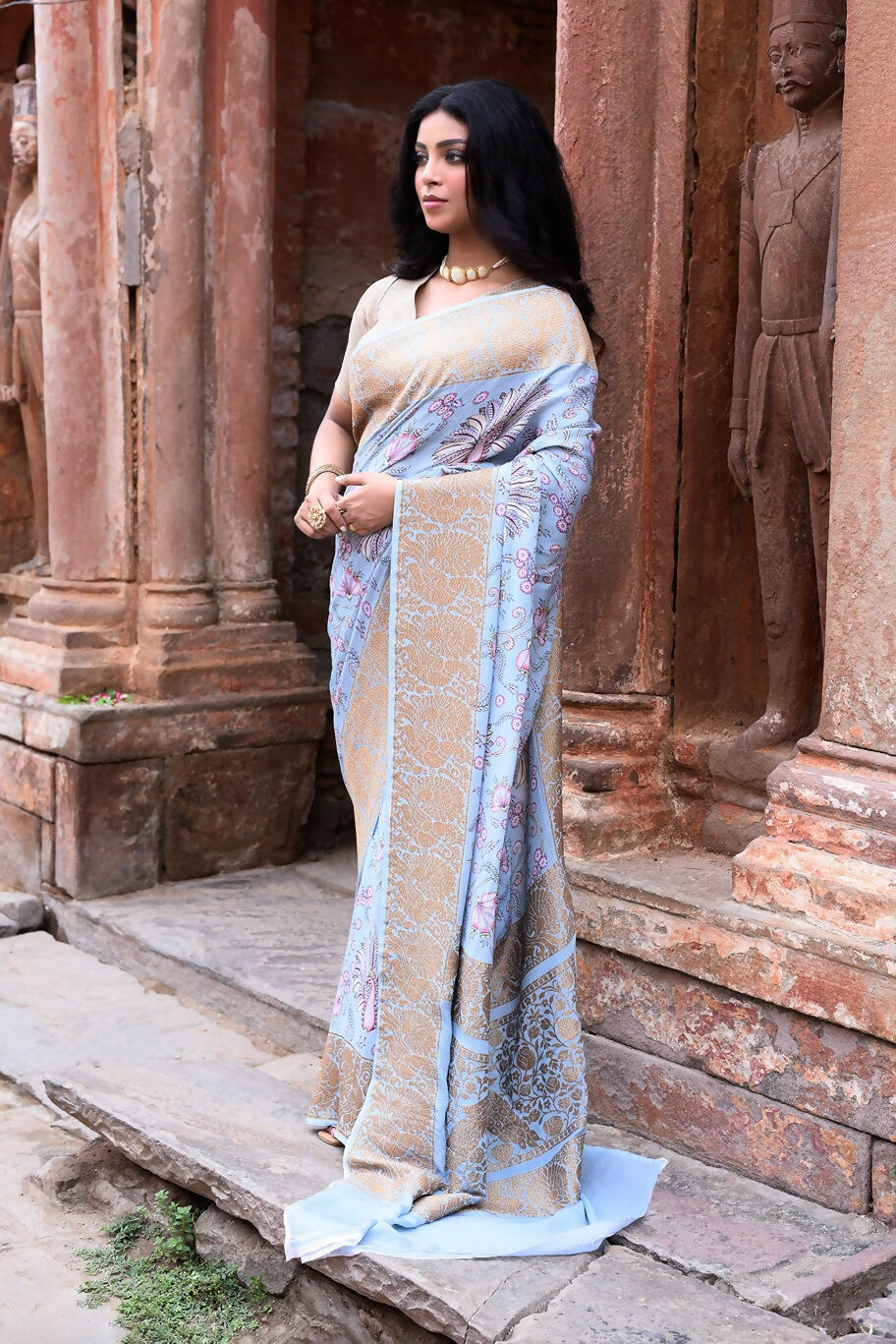 Joban Fashion Light Blue Crepe Chiffon Pure Handloom Banarasi Silk Saree