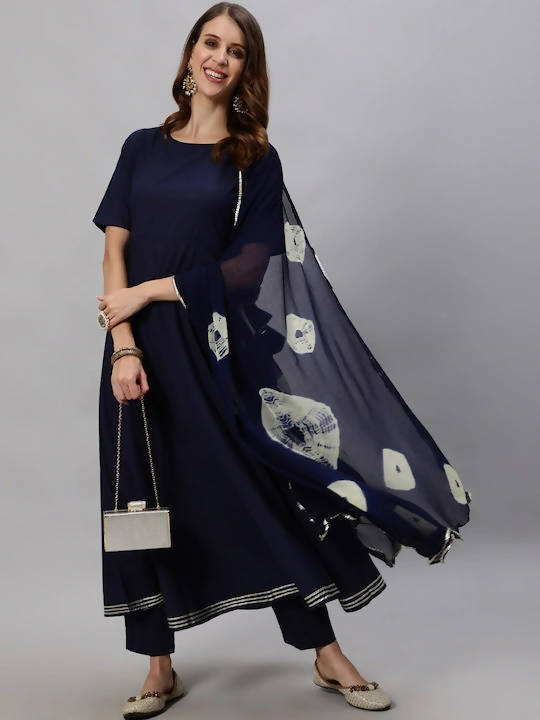 Anubhutee Navy Blue Ethnic Motifs Panelled Kurta with Trousers & Dupatta - Distacart