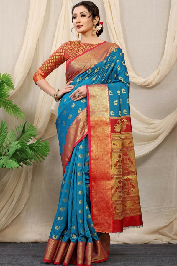 Jyoti Fashion Women's Firozi Banarasi Silk Zari Woven Saree with Blouse - Distacart