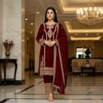 Thumbnail for Joban Fashion Maroon Kurta Set Velvet Embroidery Sequence Work - Distacart