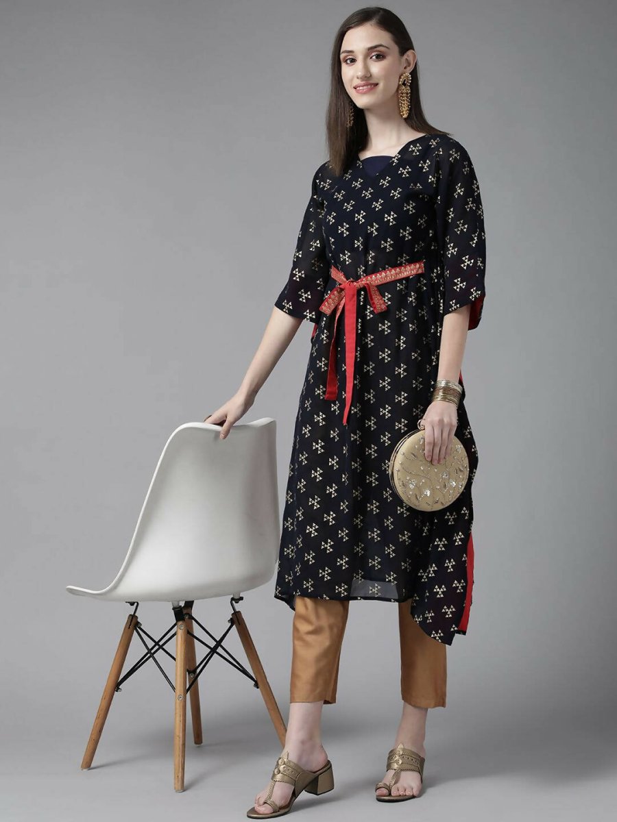Ahalyaa Women Navy Blue Georgette Gold Printed Kaftan Kurta - Distacart