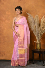 Thumbnail for Very Much Indian Handloom Pure Cotton Linen Saree With Golden Border - Pink - Distacart