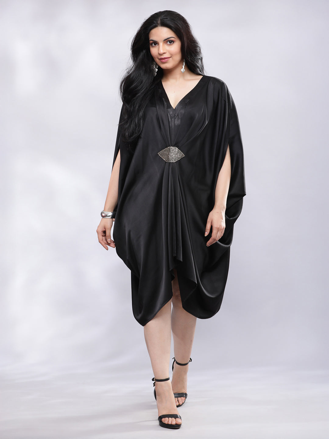BohoJazz Drape Cowl Black Dress with Hand Embroidered Motif