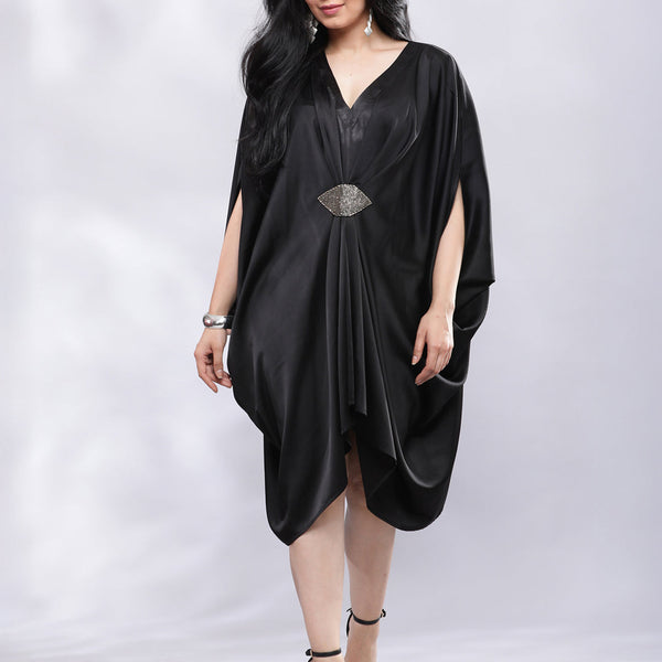 BohoJazz Drape Cowl Black Dress with Hand Embroidered Motif