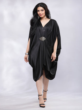 BohoJazz Drape Cowl Black Dress with Hand Embroidered Motif