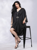 Thumbnail for BohoJazz Drape Cowl Black Dress with Hand Embroidered Motif