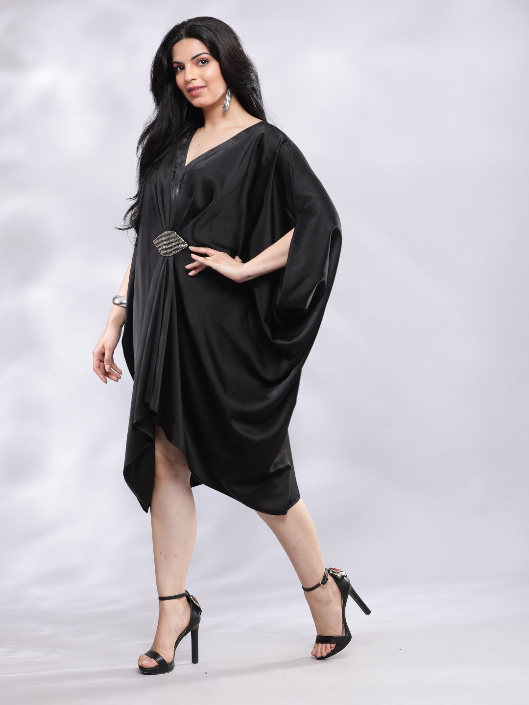 BohoJazz Drape Cowl Black Dress with Hand Embroidered Motif
