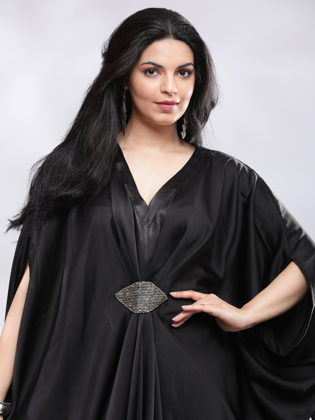 BohoJazz Drape Cowl Black Dress with Hand Embroidered Motif