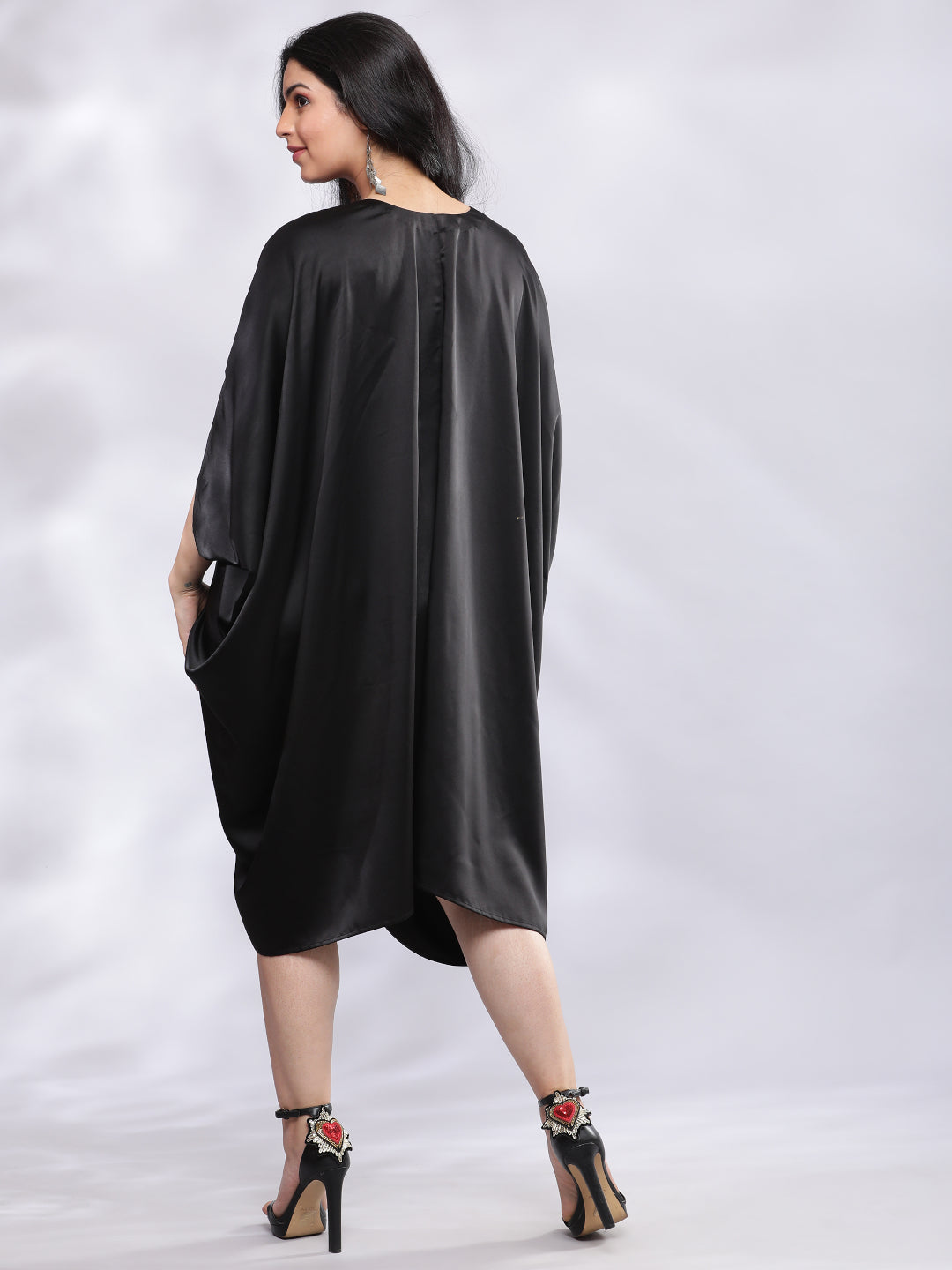 BohoJazz Drape Cowl Black Dress with Hand Embroidered Motif