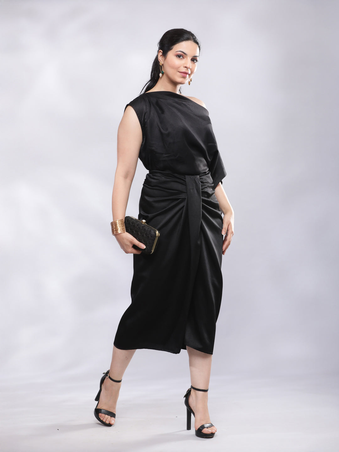 BohoJazz Drape Skirt with One Shoulder Cowl Top Co-ord Set - Black