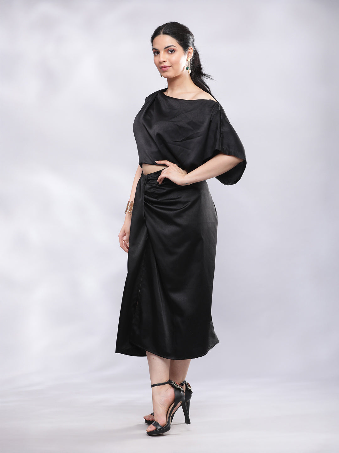 BohoJazz Drape Skirt with One Shoulder Cowl Top Co-ord Set - Black