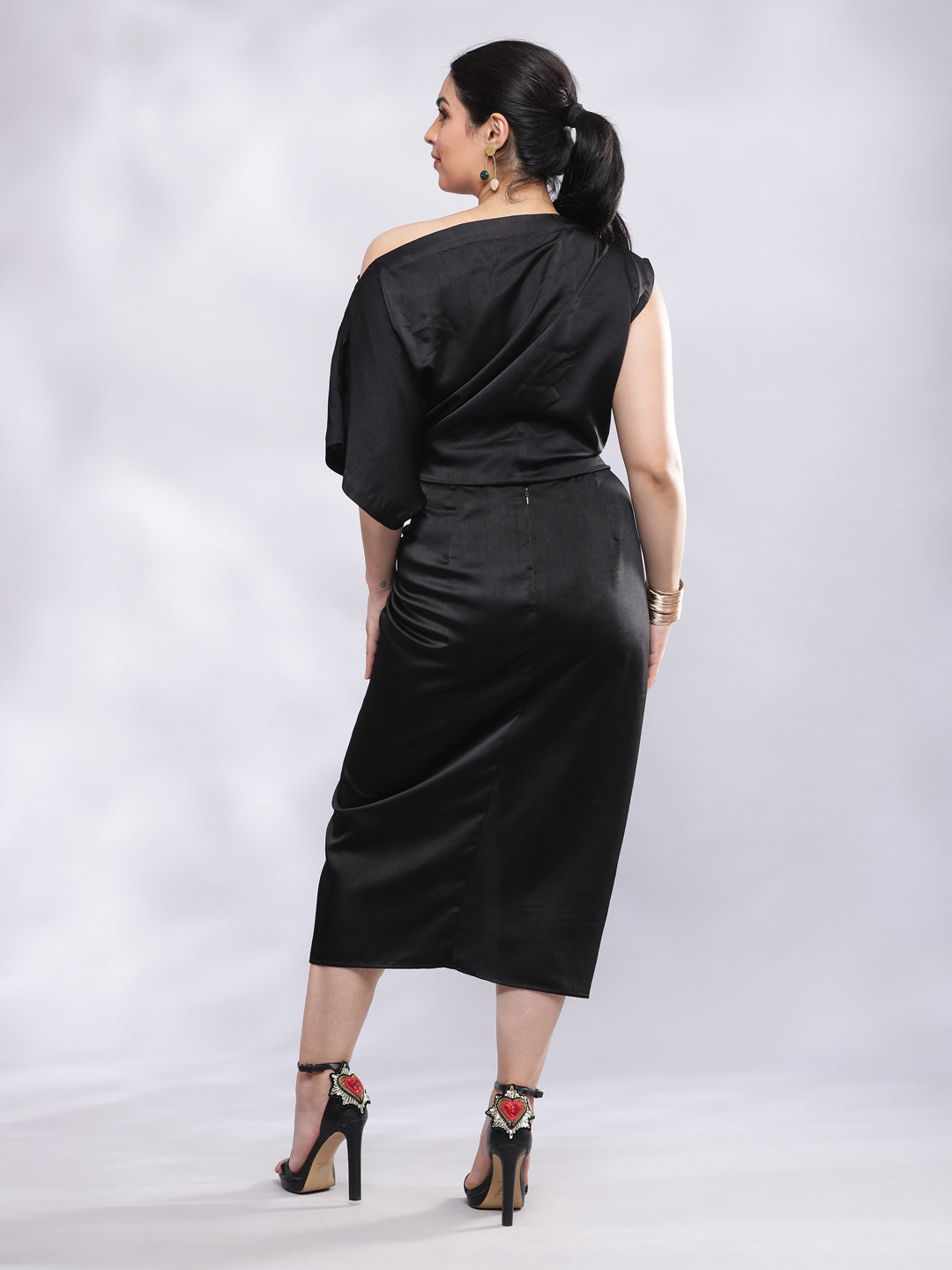 BohoJazz Drape Skirt with One Shoulder Cowl Top Co-ord Set - Black