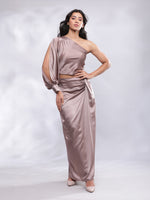 Thumbnail for BohoJazz Drape Skirt with One Shoulder Cowl Top Co-ord Set - Champagne