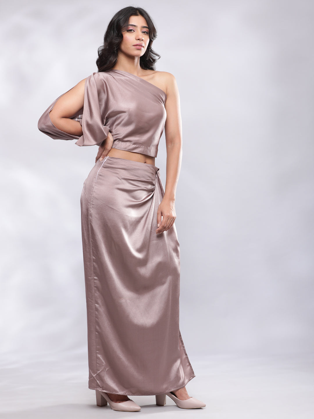 BohoJazz Drape Skirt with One Shoulder Cowl Top Co-ord Set - Champagne