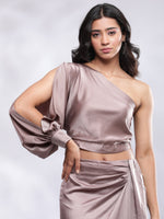Thumbnail for BohoJazz Drape Skirt with One Shoulder Cowl Top Co-ord Set - Champagne