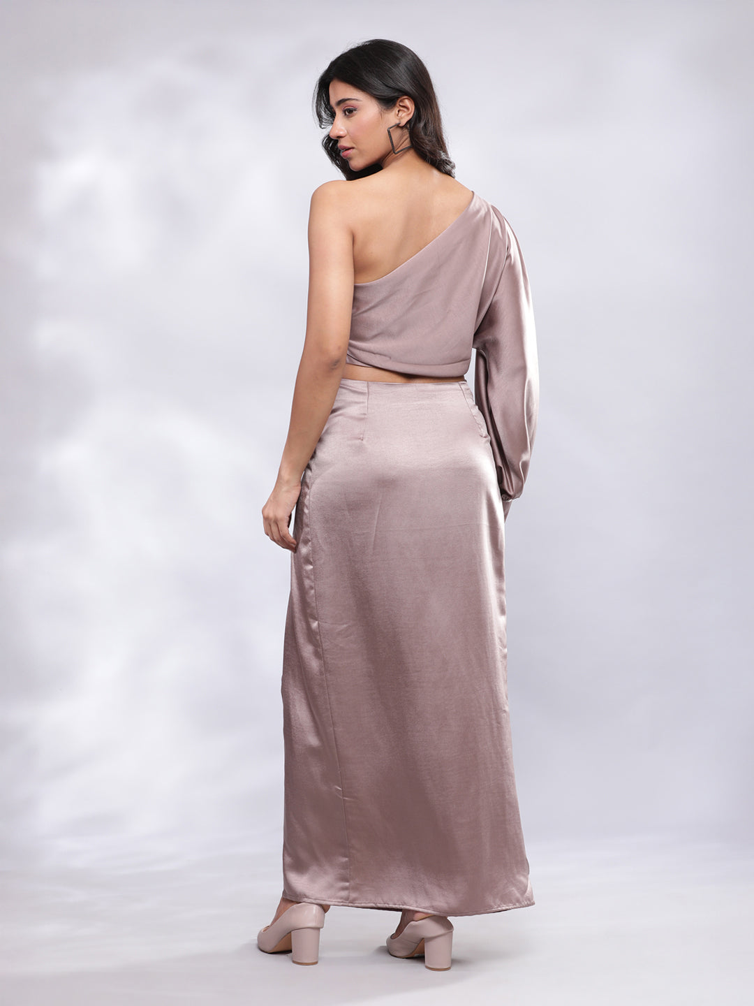 BohoJazz Drape Skirt with One Shoulder Cowl Top Co-ord Set - Champagne