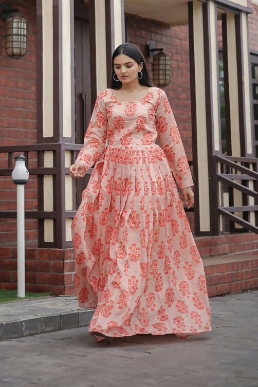 Aastha Fashion Women's Peach Pure Chanderi Digital Printed Anarkali Dress - Distacart