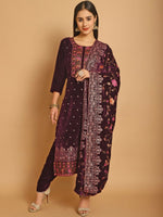 Thumbnail for Aastha Fashion Women's Wine Velvet Floral Resham Thread with Jari & Sequince work Designer Straight Suit Set - Distacart