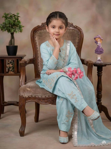 Teeya Creation Womens New Fancy Sky Blue Embroidered Kurta with Salwar & Dupatta Set Palazzo Set - Dista