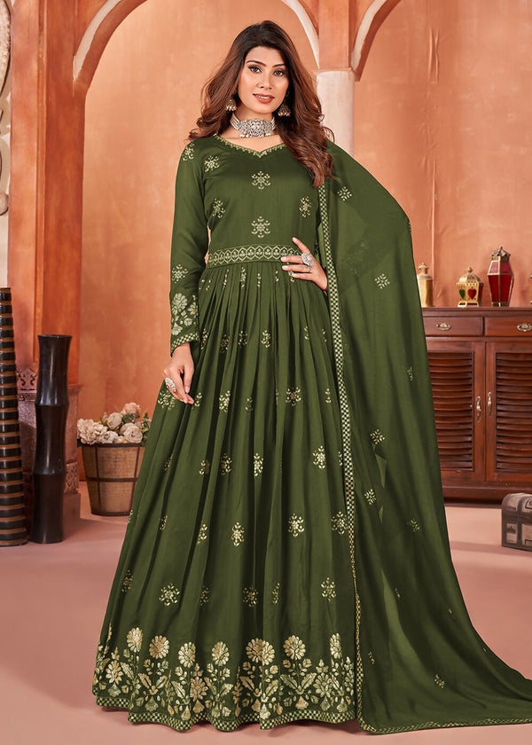 Mehndi Green Festive Embroidered Art Silk Anarkali Suit - Emponline - Distacart