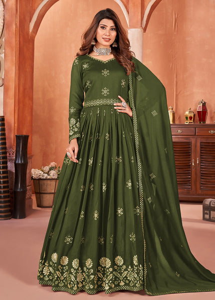 Mehndi Green Festive Embroidered Art Silk Anarkali Suit - Emponline - Distacart