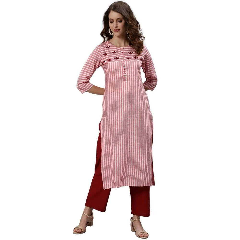 Anubhutee Women's Cotton Striped Pink Kurta with Trouser - Distacart