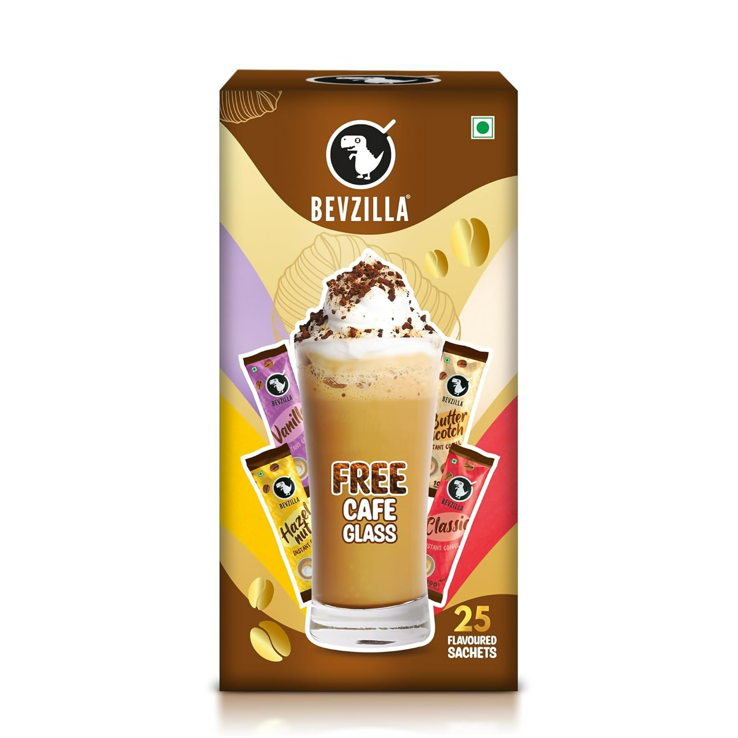 Bevzilla Premium Glass & 25 Flavoured Coffee Sachets