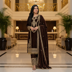 Thumbnail for Joban Fashion Coffee Velvet Embroidery Sequence Work Readymade Kurta Set - Distacart