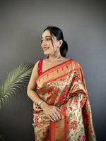 Thumbnail for Joban Fashion Light Orange Floral  & Peacock Motifs Soft Silk Paithani Saree - Distacart