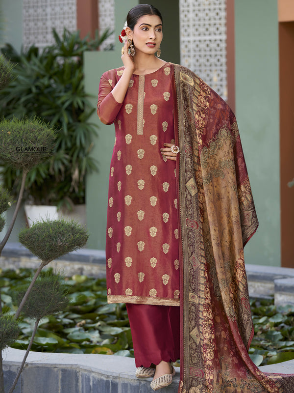 Jyoti Fashion Women's Maroon Pure Silk Elegant Jacquard Woven Kurta with Trouser & Dupatta - Distacart